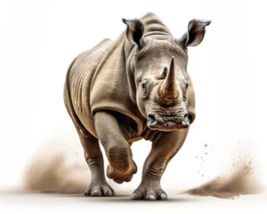 Foto op Plexiglas a rhinoceros jumping on isolate white background Generative ai © sakepaint