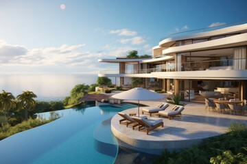 Fototapeta premium Exquisite residence boasting an expansive view of the serene, vibrant blue skies.