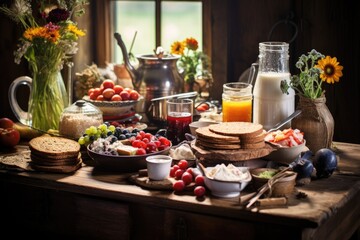 Image of a morning meal meticulously presented on a rustic wooden table within a domestic setting.