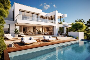 Expensive contemporary mansion with a well-maintained yard, featuring a luxurious swimming pool and a lounge area equipped with cozy sofas and armchairs, all set against a clear blue sky. - obrazy, fototapety, plakaty