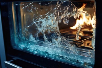 I opened the oven door in the kitchen and noticed that it was broken. The side view showed a close-up of the broken door, with shattered glass resulting from both overheating and impact.