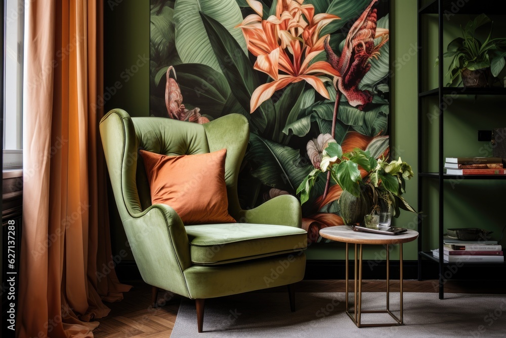 Sticker interior design with a botanical theme featuring an armchair paired with a table and a magazine.