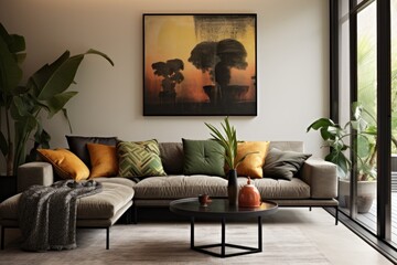 In the living room interior, there is a comfortable sofa adorned with numerous cushions. Above the sofa, there are artworks depicting cacti and hexagons hung on the wall. A black lamp stands adjacent