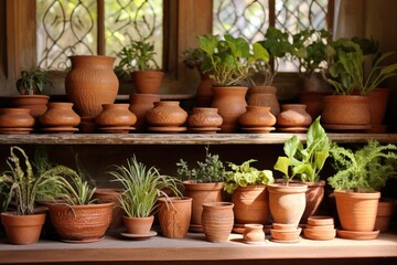 Fototapeta premium Houseplants and clay pots prepared to be used for new plants in one's residence.