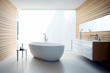 Modern bright bathroom interior with bathtub and large window. Created with Generative AI technology. 