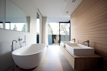 Modern bright bathroom interior with bathtub and large window. Created with Generative AI technology. 