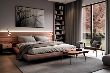 In a contemporary bedroom, there is a collection of books placed on a copper table and bench, positioned next to the bed that has a wooden headboard. A grey chair complements the overall decor of the