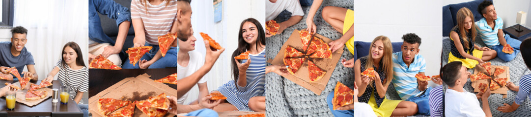 Collage with young people eating delicious pizza at home