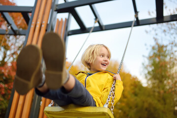 Little boy having fun on a swing on the playground in public park on autumn day. Happy child enjoy swinging. Active outdoors leisure for child