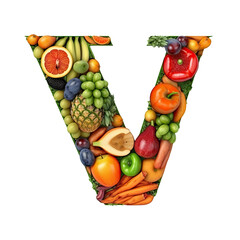 Alphabet or letter v from fresh vegetables and fruits