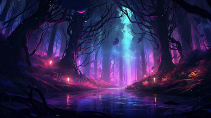 Ai artwork of a fairy tale forest glowing in neon light and colors. Generative ai.