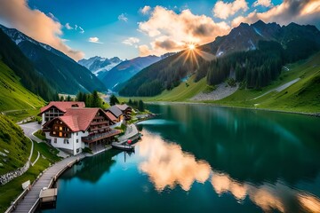 beautiful lake in the mountains generated by AI tool