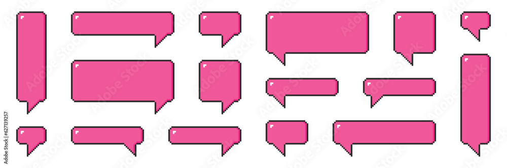 Fototapete set of different shape pixel empty speech bubble. pixel dialogue box in retro game 8 bit line style.
