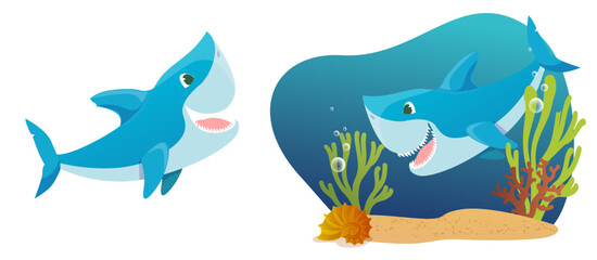 Illustration of a cartoon shark under water. Underwater world with a funny shark. The shark is in its usual habitat.