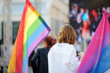 Rear view of people column during the Pride Lgbt Parade. Crowd on the city street with rainbow flag.