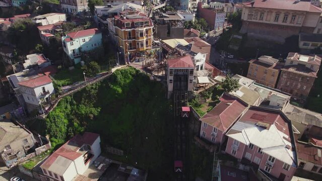 Aerial View Over Ascensor Reina Victoria Hillside Funicular. Slow Dolly Forward