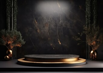 black and gold with leaf stage podium for products decoration suitable. AI Generative.