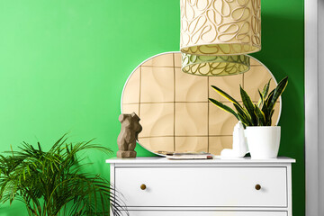 Chest of drawers with mirror, decor and houseplants in hall