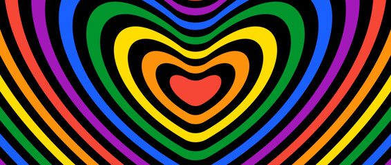 Groovy hypnotic hearts wallpaper. Rainbow colors repeating heart design on black background. Abstract horizontal lgbt pride backdrop. Vector retro illustration concept