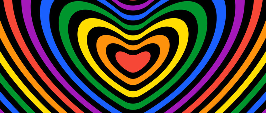 Groovy hypnotic hearts wallpaper. Rainbow colors repeating heart design on black background. Abstract horizontal lgbt pride backdrop. Vector retro illustration concept