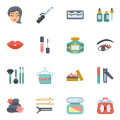 Simple set of beauty cosmetics and spa vector flat color icons. Contains such icons as cream bottle, lipstick, makeup brush and more.