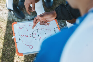 Hands, soccer team or coach planning a strategy with tactics or training formation on sports field....