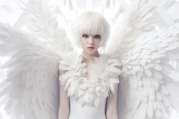 Caucasian girl angel is believed to possess supernatural powers, exuding an aura of serenity and...