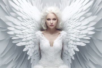 Caucasian girl angel is believed to possess supernatural powers, exuding an aura of serenity and...