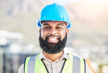 Happy black man, portrait and architect in city for professional construction or career ambition on site. Face of African male person, engineer or contractor smile for industrial architecture on roof