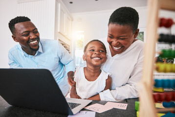 Black family, laptop and elearning, education and happy, parents help child with kindergarten school work. Teaching, learning and support, man and woman with young boy at home, online class and fun