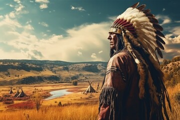 Fototapeta premium Native American man from the back observing the landscape. Native American Indian on blurred background, Generative AI
