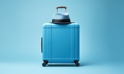Obraz premium Travel bag and hat on blue background with copy space, suitcase, leather hat, Generative AI