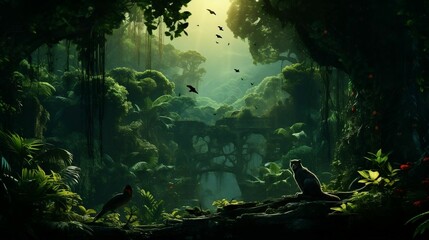 Lush tropical forest with diverse wildlife