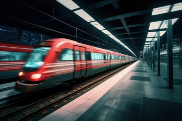 Red train at high speed passing by the station, Metro at the station, Generative AI