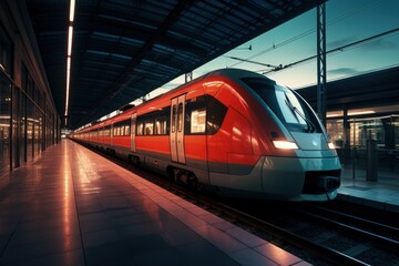 Fototapeta premium Red train at high speed passing by the station, Metro at the station, Generative AI