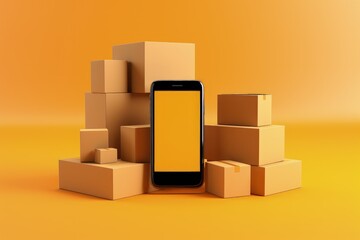 Mobile phone supported by cardboard boxes on an orange background, Generative AI