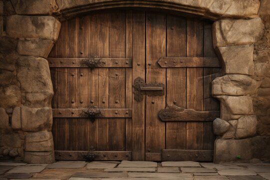 Wooden door and metal locks on the dungeon wall, castle door, Generative AI
