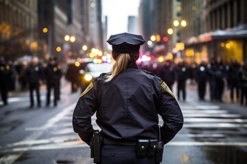 Female police officer seen from behind in busy American city street, US female police officer, Generative AI