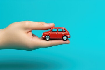 Hand holding miniature red car isolated on blue background, Generative AI

