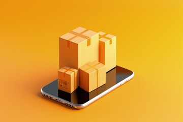 Mobile phone and cardboard boxes on screen on orange background, Cell phone and order packages, Generative AI
