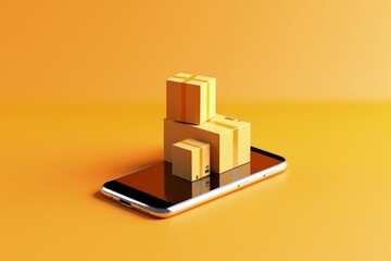 Mobile phone and cardboard boxes on screen on orange background, Cell phone and order packages, Generative AI