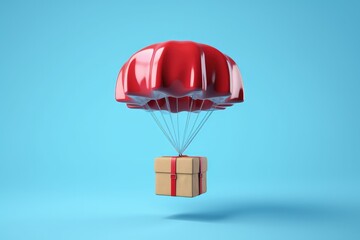 Parachute carrying parcel box isolated on blue background, Generative AI
