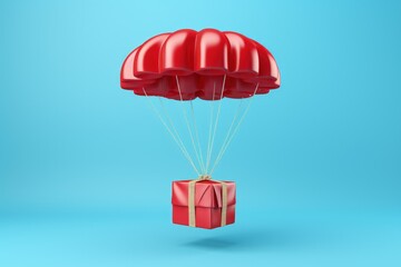 Parachute carrying red gift box isolated on blue background, Generative AI