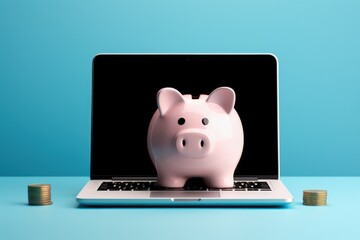 Laptop with piggy bank and coins on blue background, Generative AI

