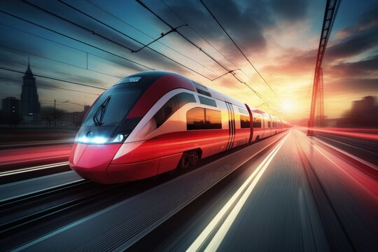 Red metro at high speed passing through the city, suburban train, Generative AI
