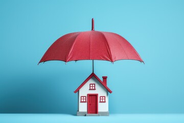House with red umbrella on blue background, home insurance concept, Umbrella covering house miniature, Generative AI