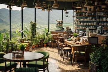 Fototapeta na wymiar Coffee shop cafe in the middle of green rice fields in Vietnam