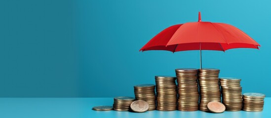 Umbrella covering stack of coins on blue background with copy space, money and investment protection concept, Generative AI