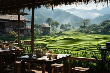 Fototapeta na wymiar Coffee shop cafe in the middle of green rice fields in Vietnam