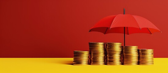 Umbrella covering stack of coins on red background with copy space, money and investment protection concept, Generative AI